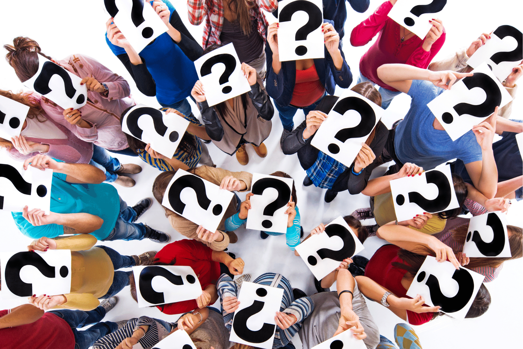 Many people holding up question mark signs in front of their faces