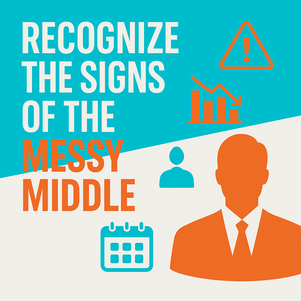 Digital graphic with bold title text ‘Recognize the Signs of the Messy Middle’ in HireEffect brand colors featuring abstract flowing shapes symbolizing business growth and turbulence.