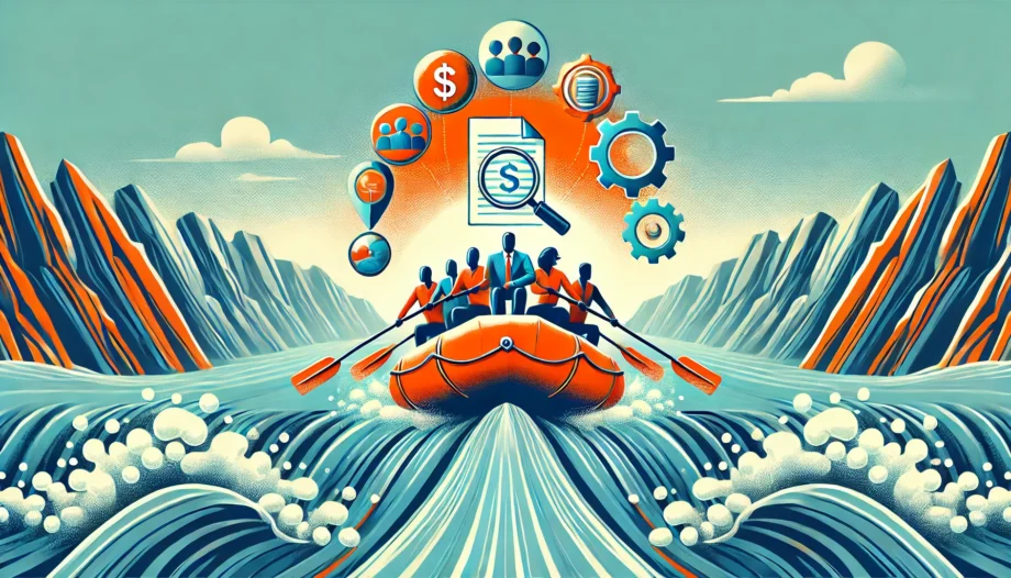 A stylized raft navigating rapids, with paddles steering it forward with icons representing Finance, HR, Payroll, Recruiting, Technology.