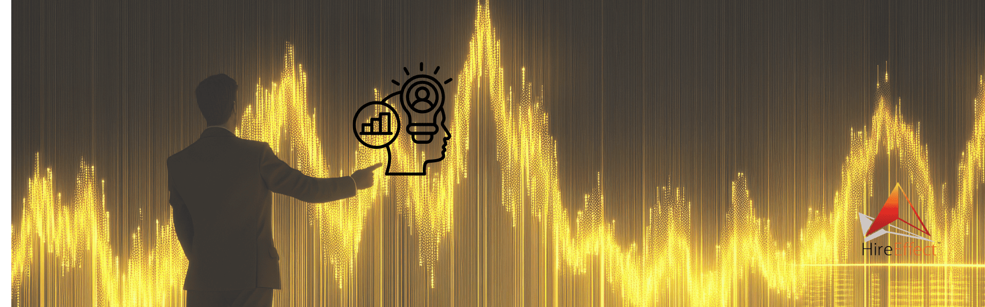 silhouette of person pointing at graphic image of a brain with wheels turning to show insights are important