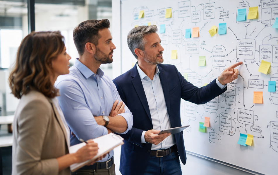 leadership team reviewing process improvement plan on a whiteboard