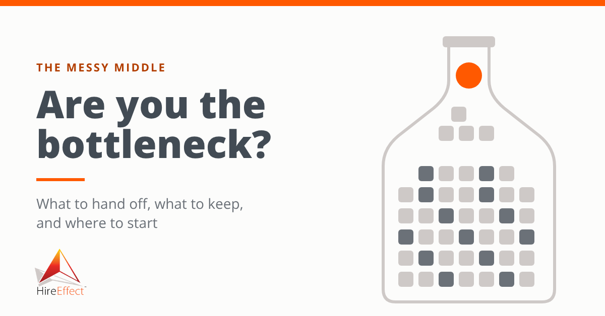 Illustration of a bottle crowded with tasks waiting behind one orange circle in the neck, beside the headline "Are you the bottleneck?"